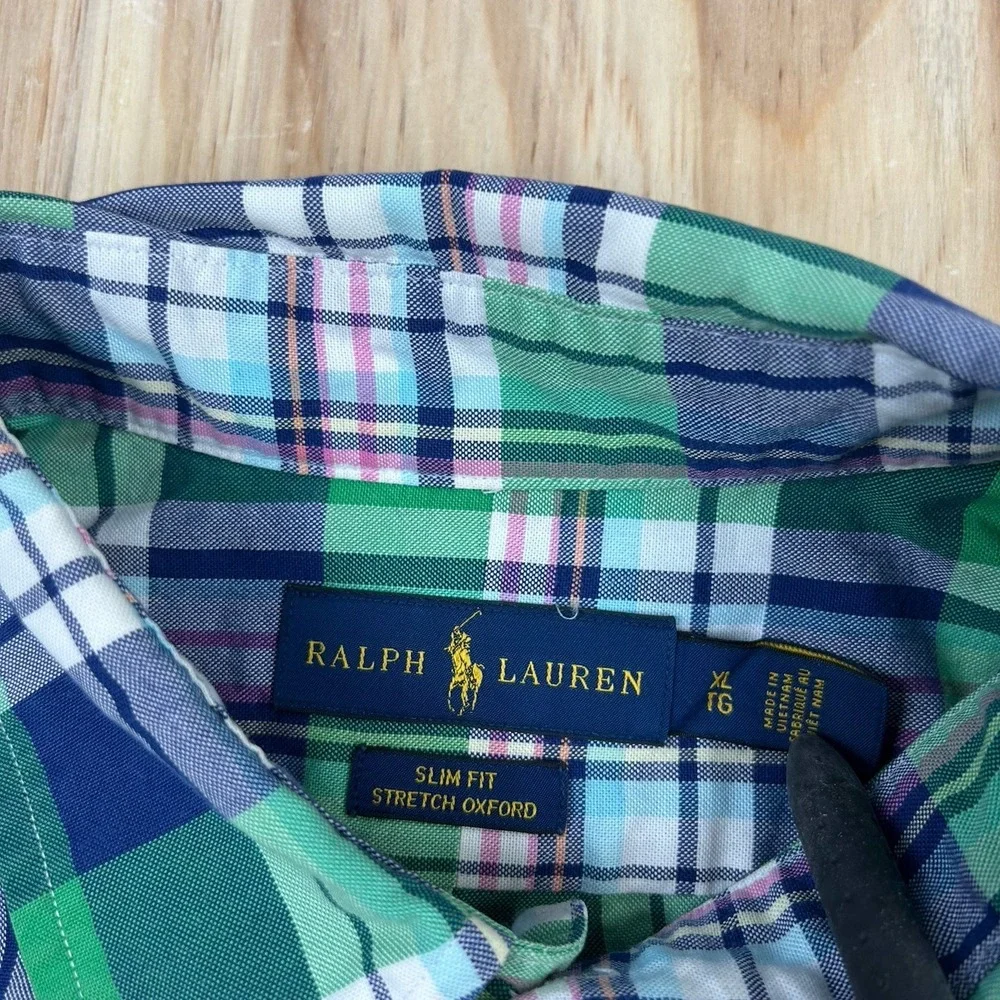 Polo Ralph Lauren XL Stretch Oxford Plaid Slim Fit Pony Colorful Blue Green Prep